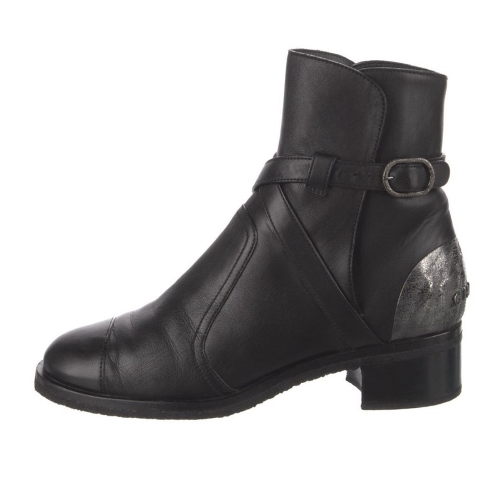 CHANEL Vintage Black Leather Ankle Combat Boots with Strap and Metal Logo Detail
